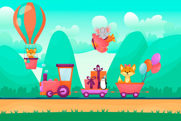Funny animal happy birthday greeting card. Animals are going on train to birthday party. Animals flying on air balloon and plane in mountains. Cute and beautiful vector landscape.
