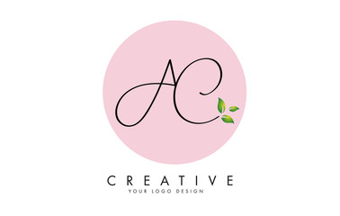 Handwritten AC A C Letters logo design with a pink circle as a background and leaves details.