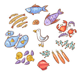 Set of cartoon doodle seafood or ocean animals like fish, shrimps and squids