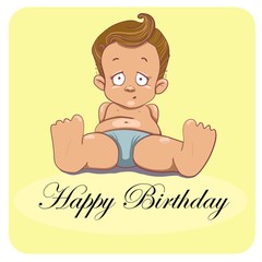 The baby in the diaper is sitting on a yellow background. Vector illustration. Birthday card.