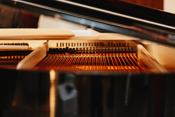 Close up of pattern of hammers and strings inside grand piano © Nattawat