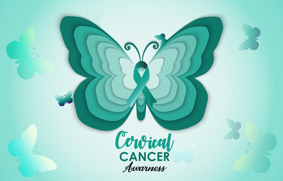 Cervical Cancer Awareness green paper cut butterfly web banner for support and health care. Template for Infographics or Websites Magazines. Flat Cancer Awareness Month. Vector illustration.