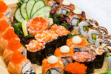 Sushi background shot close-up in a Japanese restaurant.