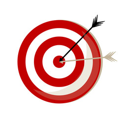 Two arrows from the bow, black and white, hit the target with red circles. A unique illustration of success and getting to the point. Vector illustration. Stock Photo.