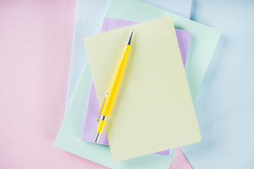 Pastel colored workspace flat lay, Minimal workplace or school study table, with pen, pencils and notebooks, Creative flat lay with pastel stationery. Top view with copy space