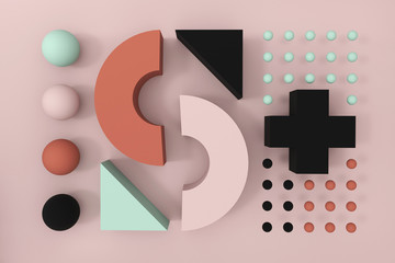 3d image of a set of geometrical primitives, minimalist shapes in a flatlay, sphere, torus, cross sign and pyramid lying in order in pink, turquoise, marsala and black colors on a pink background