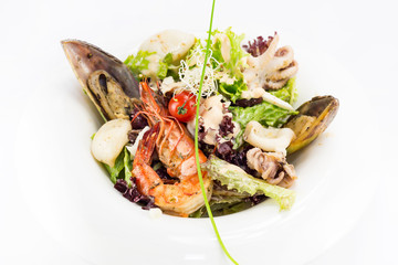 Octopus shrimp squid seafood salad close up shot in restaurant.