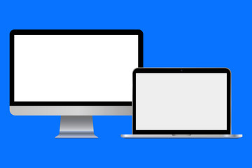 A set of modern office equipment from a leading manufacturer. Computer and laptop on a blue background with a gradient. The drawing is closest to the original. Vector illustration. Stock Photo.