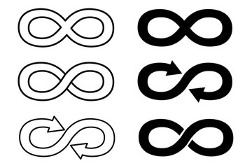 Infinity signs in different forms of two colors, black and white on a white background. Vector illustration. Stock Photo.