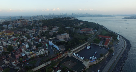 Flying over Istanbul the district of the old city of Topkapi.
