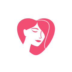 Woman face silhouette inside of a heart shape. Clean, modern logo design for a hairstylist, hair and beauty salon, yoga studio, spa salon, cosmetic clinic, cosmetology and so on. Vector illustration.