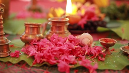 Traditional south Indian brass oil lamp 'Nilavilakku '. During events like housewarming, marriage etc., the Nilavilakku is lighted before starting the rituals. This video is taken during a wedding