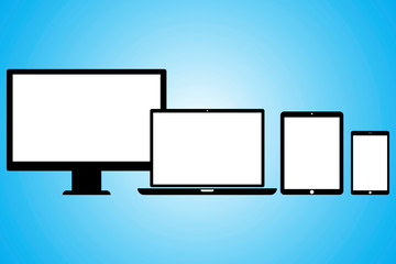 A complete set of modern office equipment from a leading manufacturer. Computer, laptop, tablet, phone on a blue background with a gradient. Vector illustration. Stock Photo.