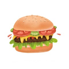 Realistic illustration of tasty burger. Cheeseburger include cutlet, tomato and salad. Textured illustrstion on white background