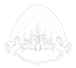 fairytale castle frame and flying unicorns - coloring book