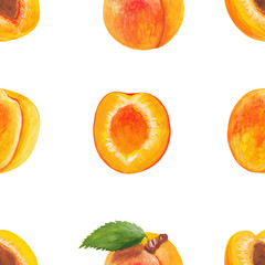 Seamless square background with whole and apricot cut in half, with a stone and without, with a leaf and without. Raster hand-drawn illustration in realistic style with gouache paints.