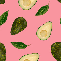 Sliced halves of pitted avocados inside and out, avocado leaf - square-shaped seamless print on a pink background. Raster avocado and its parts hand drawn in a realistic style. Gouache illustration