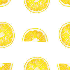 Sliced lemon slice and lemon ring drawn by hand and isolated on white background - seamless print. Raster lemon illustration in realistic style with gouache paints.