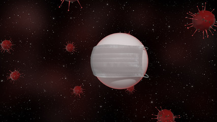 Fototapeta na wymiar A medical protective mask is put on 3d render white planet during epidemic situation.