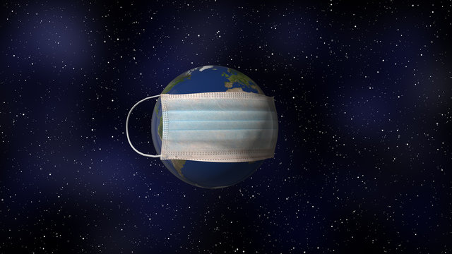 World pandemic danger. Realistic 3D render of planet Earth with surgery mask overy starry backgroud