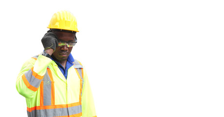 Close up of An African American handsome black engineer he is working in container box yard area