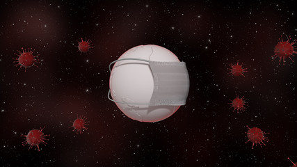 Fototapeta premium Earth on quarantine. 3D render of planet wearing medical mask rotating in infected space with red viruses floating everywhere.