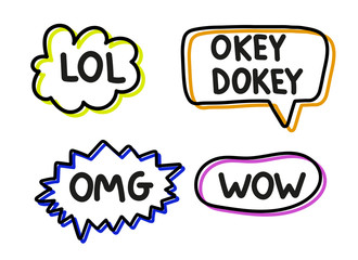 Lettering illustration lol wow omg okey dokey. Handwritten phrases in neon speech bubbles. Black vector text in colorful frame. Simple outline style