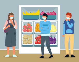 People making panic during viral pandemic and go to supermarket to make food supplies. People are coughing. Man and woman wearing face medical masks in public place standing in a line at distance