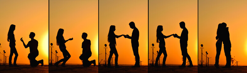 A set of 5 frames. A man kneeling makes an offer to his woman. She accepts the offer and the couple hugs.