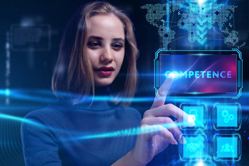 Business, Technology, Internet and network concept. Young businessman working on a virtual screen of the future and sees the inscription: Competence