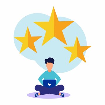 Vector Illustration Of Young Man With A Star Icon. The Best Performance Estimate, Five Points. People Return Feedback And Comments, Successful Work Is The Highest Score.