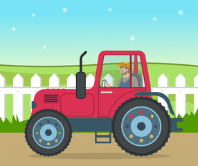 Bearded man in uniform riding at tractor on the road near the meadow. Farmer in tractor at rural landscape background. Agricultural works at summer. Vector illustration with cartoon character