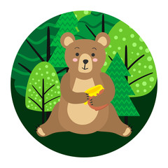 Cute cartoon bear is sitting in the forest. The bear is eating honey. Round logo, sticker, icon. Flat vector illustration isolated on white background.