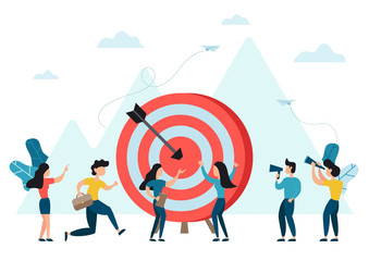 Business mission concept of people gather at the big target with arrow hit it in the center. People run to their goal, move up motivation, target achievement, successful contract team work.