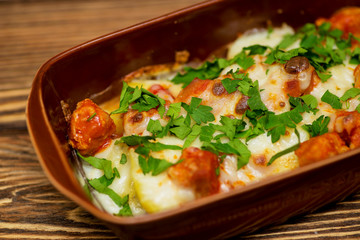 baked vegetables, baked mushrooms, baked chicken, chicken with mushrooms under cheese, vegetable casserole with mushrooms and chicken, vegetables in the oven, stewed vegetables in a dish, food, a dish