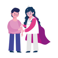 vaccination medical care, female physician and boy with band aid in arm