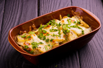baked vegetables, baked mushrooms, baked chicken, chicken with mushrooms under cheese, vegetable casserole with mushrooms and chicken, vegetables in the oven, stewed vegetables in a dish, food, a dish