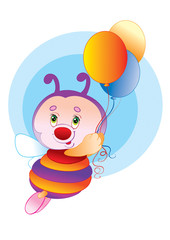 Obraz na płótnie Canvas cute bee character flies and holds balloons in his hands, isolated object on white background, vector illustration,