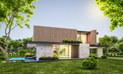 Fototapeta na wymiar 3d rendering of modern cozy house with parking and pool for sale or rent with wood plank facade and beautiful landscaping on background. Clear summer evening with cozy light from window.