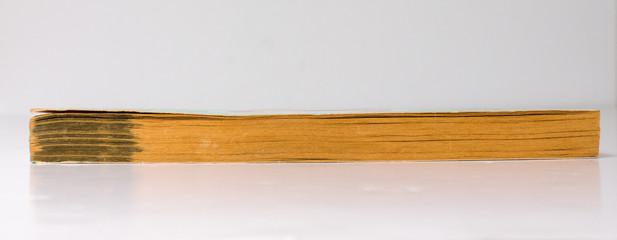 A old antique book lying down horizontally on a white studio background. Browning and yellow stained pages, old and dusty. informative history books.