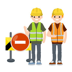 Construction work. Clothing and tools worker. Yellow uniform, gloves, green vest and helmet. Cartoon flat illustration. Maintenance service. Road closed. Sign and cone