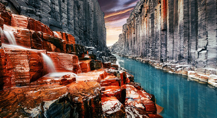 Breathtaking view on tipical nature landscape of Iceland. Studlagil canyon, Iceland. One of the...