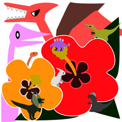 Summer hibiscus and colorful dinosaurs 
