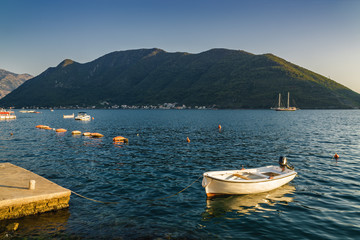 Fototapeta na wymiar Sunset view of Kotor bay from beautiful town Perast, Montenegro.