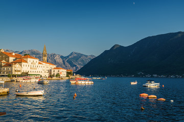 Sunset view of Kotor bay from beautiful town Perast, Montenegro.