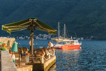 Sunset view of Kotor bay from beautiful town Perast, Montenegro.