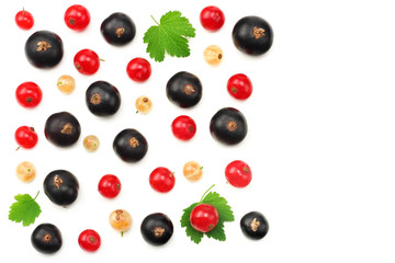 mix of red currant and black currant with green leaf isolated on a white background. healthy food. top view