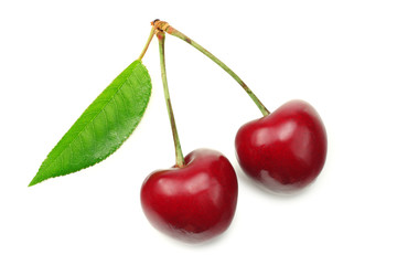 red cherry isolated on white background. Top view