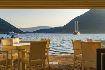Sunset view of Kotor bay from beautiful town Perast, Montenegro.