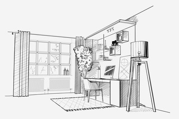Home office interior sketch.
